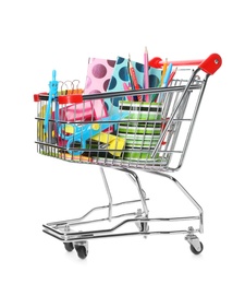Photo of Small shopping cart with different stationery on white background. Back to school