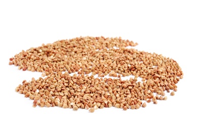 Photo of Uncooked buckwheat on white background. Healthy diet