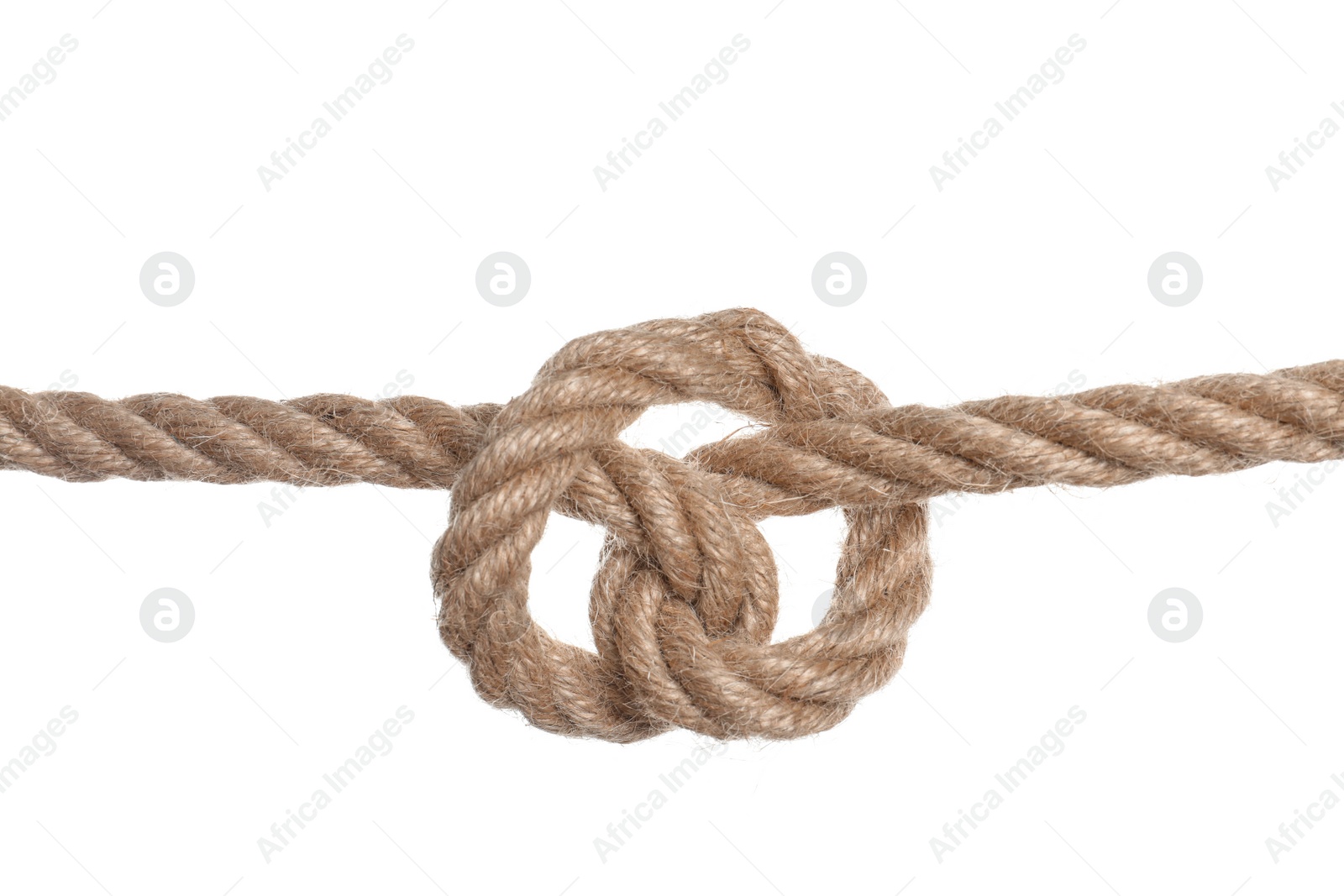 Photo of Cotton rope with knot on white background