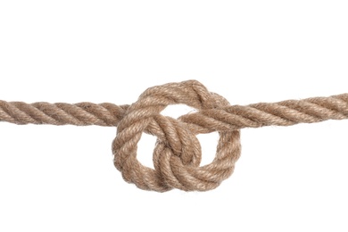 Photo of Cotton rope with knot on white background