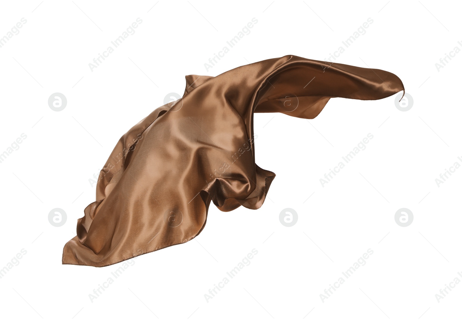 Photo of Beautiful delicate brown silk floating on white background