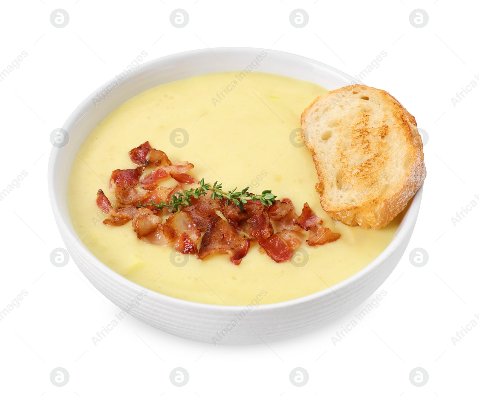 Photo of Tasty potato soup with bacon and crouton in bowl isolated on white