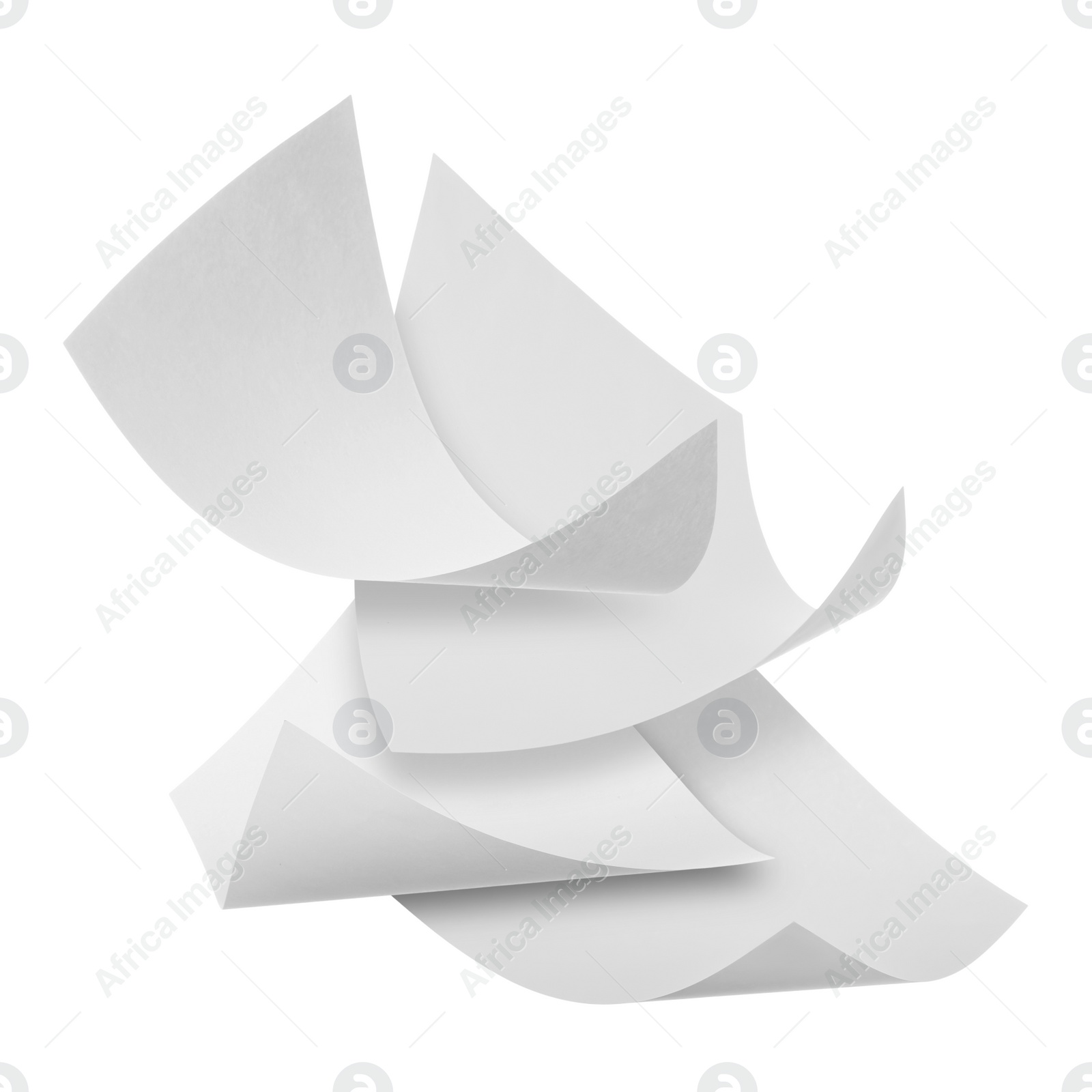 Image of Blank sheets of paper flying on white background