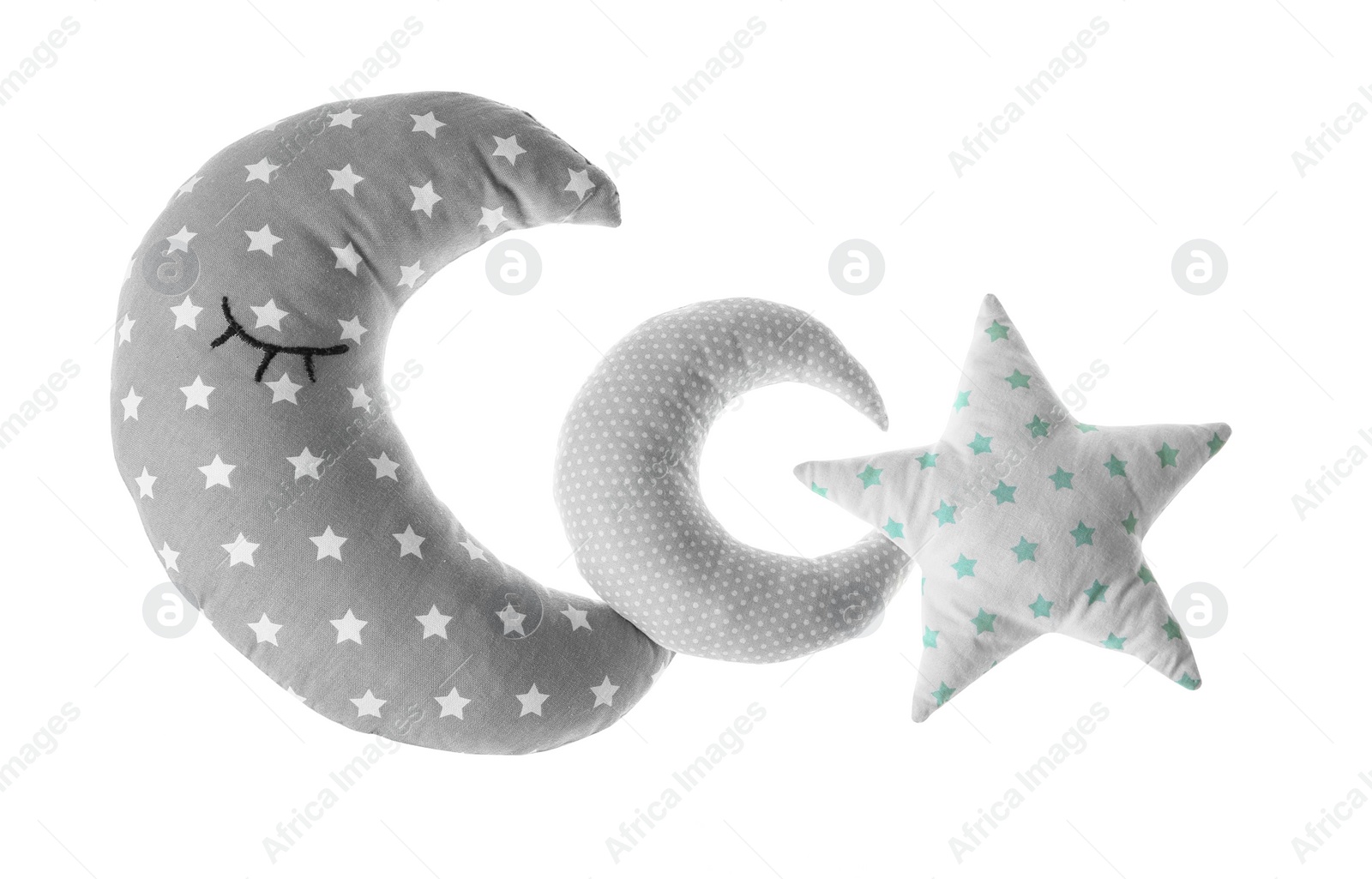 Photo of Moon and star shaped decorative pillows on white background