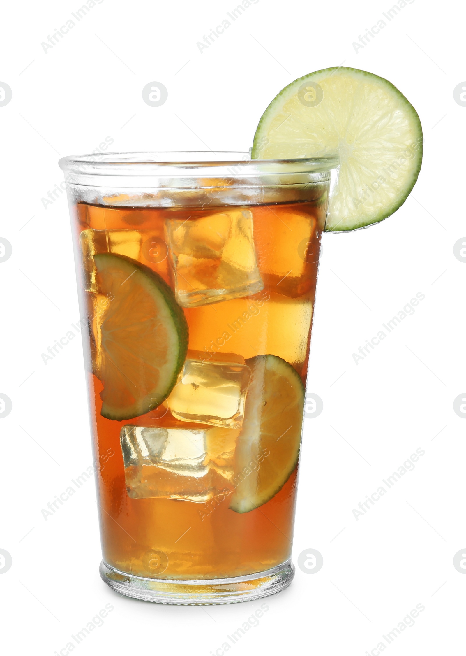 Photo of Glass of tasty iced tea with lime on white background