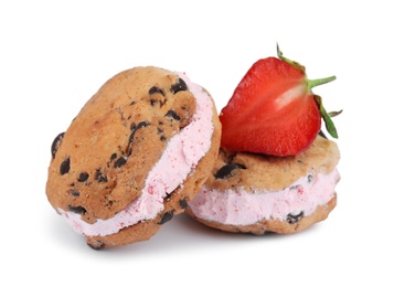 Photo of Sweet delicious ice cream cookie sandwiches and strawberry on white background