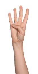 Woman showing four fingers on white background, closeup of hand