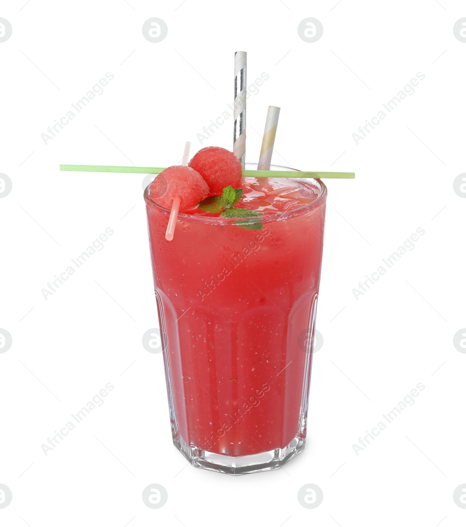 Photo of Tasty watermelon drink in glass isolated on white