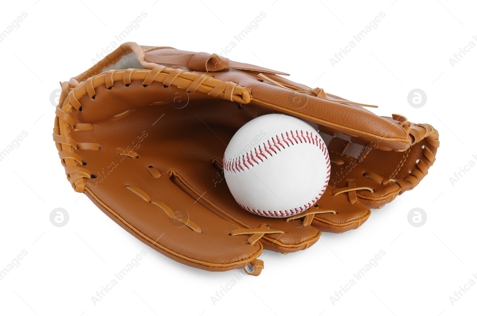 Photo of Leather baseball glove with ball isolated on white