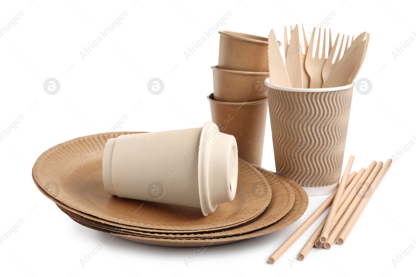 Photo of Set of disposable tableware on white background