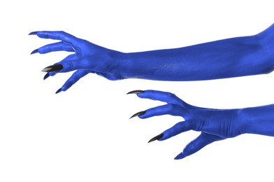 Creepy monster. Blue hands with claws isolated on white