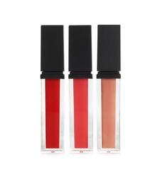 Photo of Different colour lipsticks on white background. Cosmetic product