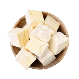 Photo of Many tasty marshmallows on white background, top view