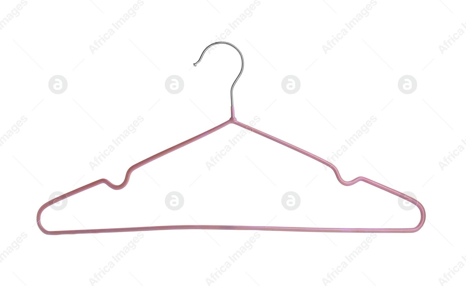 Photo of One empty pink hanger isolated on white