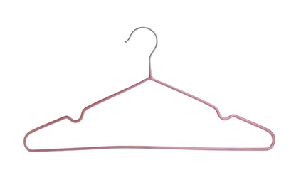 Photo of One empty pink hanger isolated on white