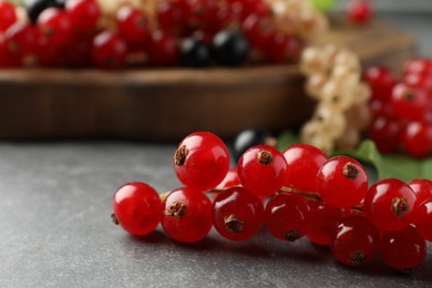 Fresh ripe red currants on light grey table, closeup. Space for text