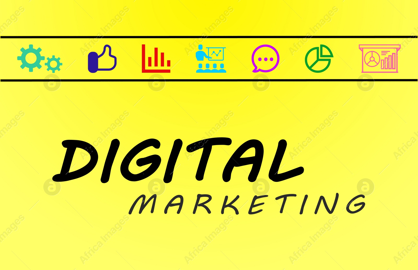 Illustration of Digital marketing strategy. Icons on yellow background