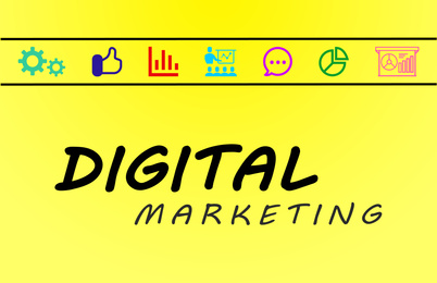Digital marketing strategy. Icons on yellow background