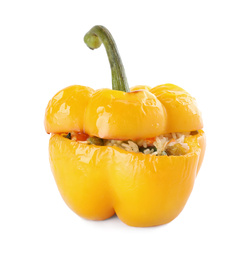 Photo of Tasty stuffed bell pepper isolated on white