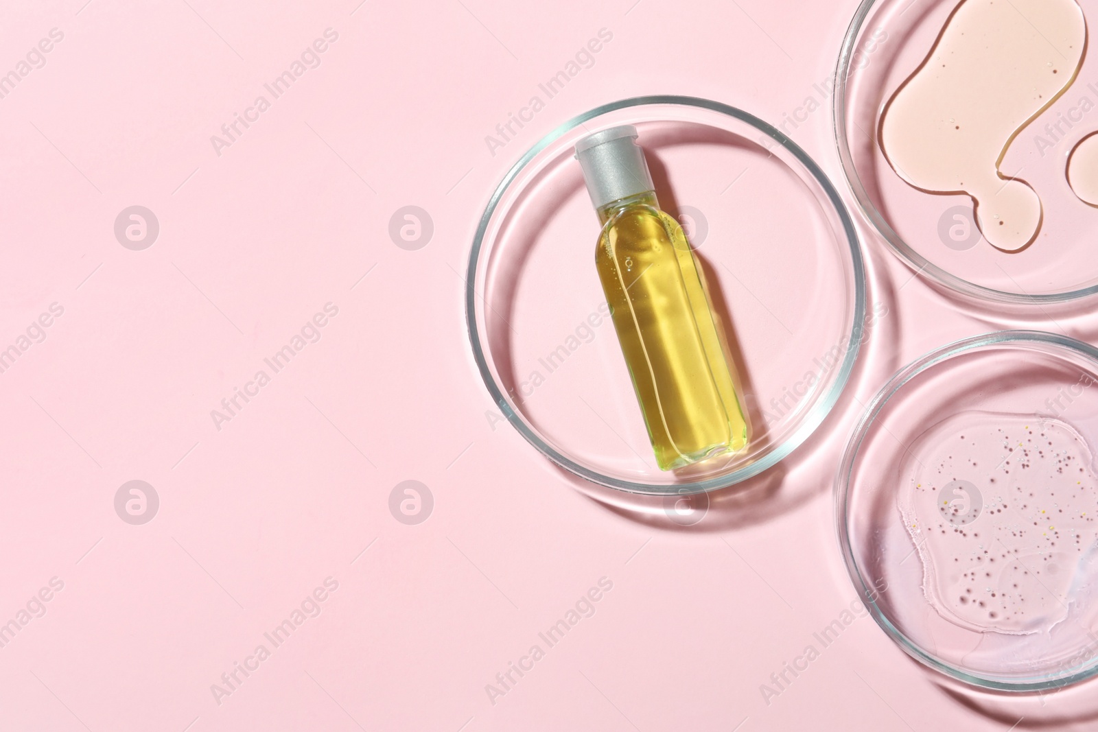 Photo of Many Petri dishes and cosmetic products on pink background, flat lay. Space for text