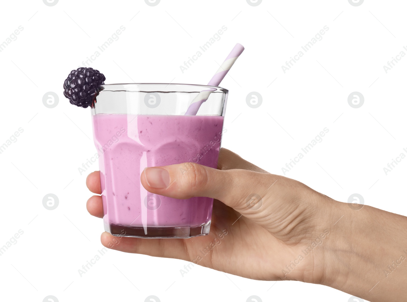 Photo of Woman with glass of delicious blackberry smoothie on white background, closeup