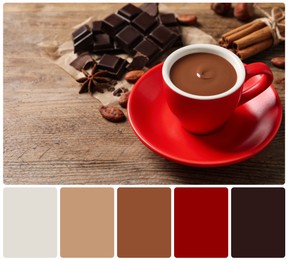 Yummy hot chocolate in cup on wooden table and color palette. Collage