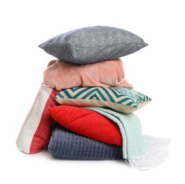 Stylish soft pillows and folded blanket on white background