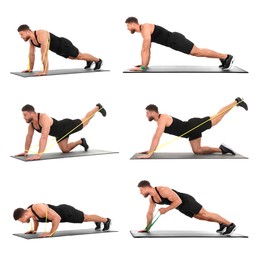 Athletic man doing different exercises with elastic resistance band on white background, set of photos