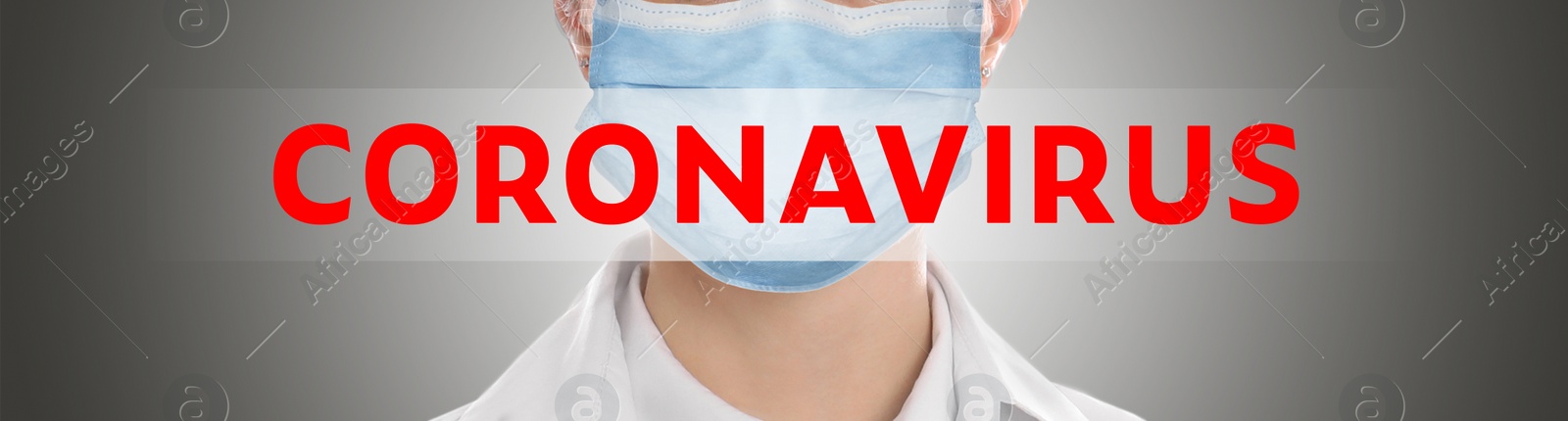 Image of Medical worker wearing face mask on grey background, closeup. Coronavirus safety