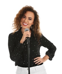 Photo of Curly African-American woman posing with microphone on white background