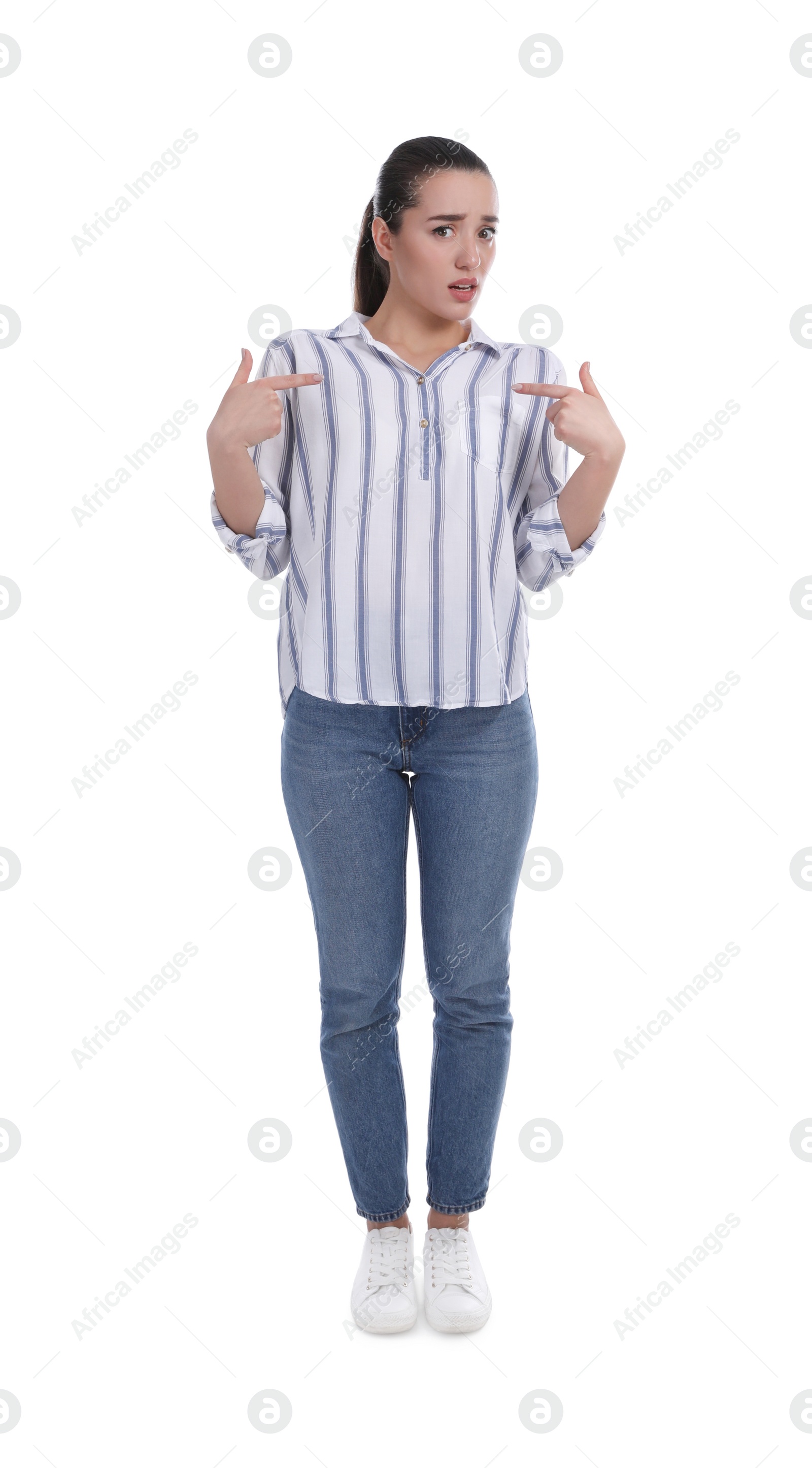 Photo of Emotional woman pointing at herself on white background