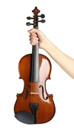 Woman with classic violin on white background, closeup