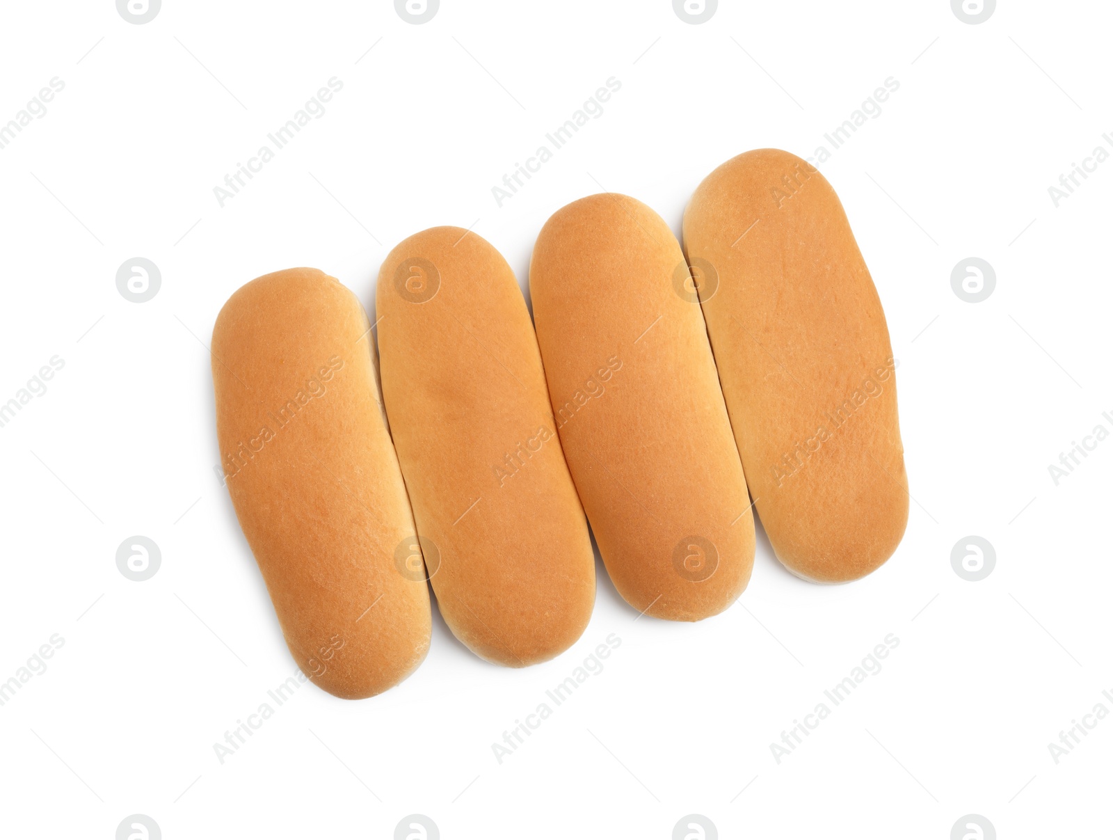 Photo of Tasty fresh buns for hot dogs on white background, top view