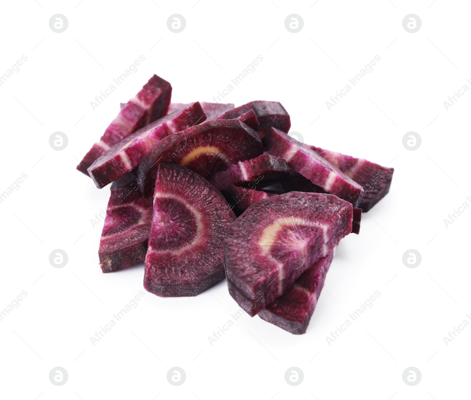Photo of Slices of raw purple carrot isolated on white
