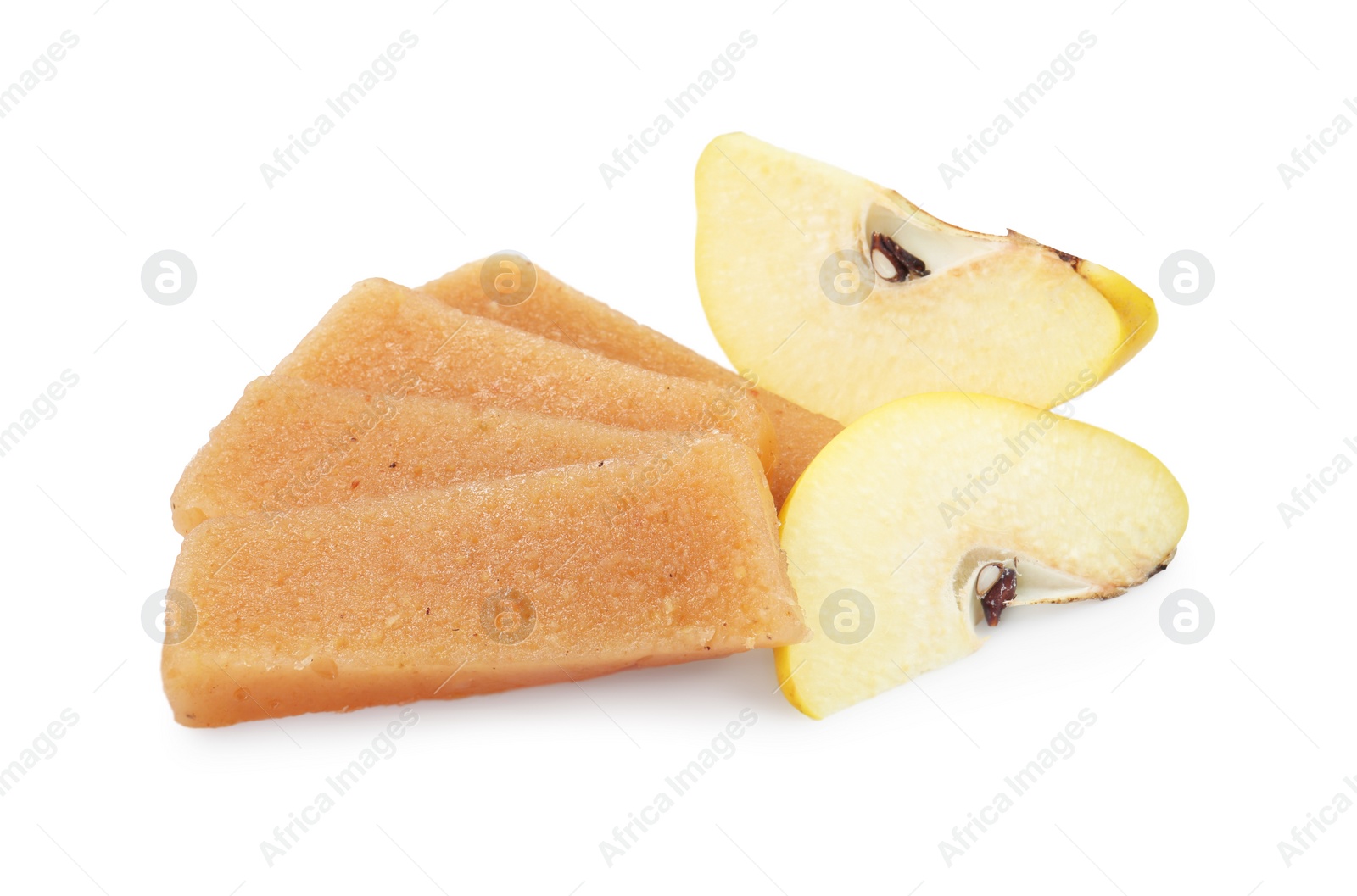 Photo of Delicious sweet quince paste and fresh fruit isolated on white