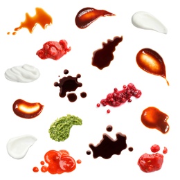 Image of Set with samples of different sauces on white background