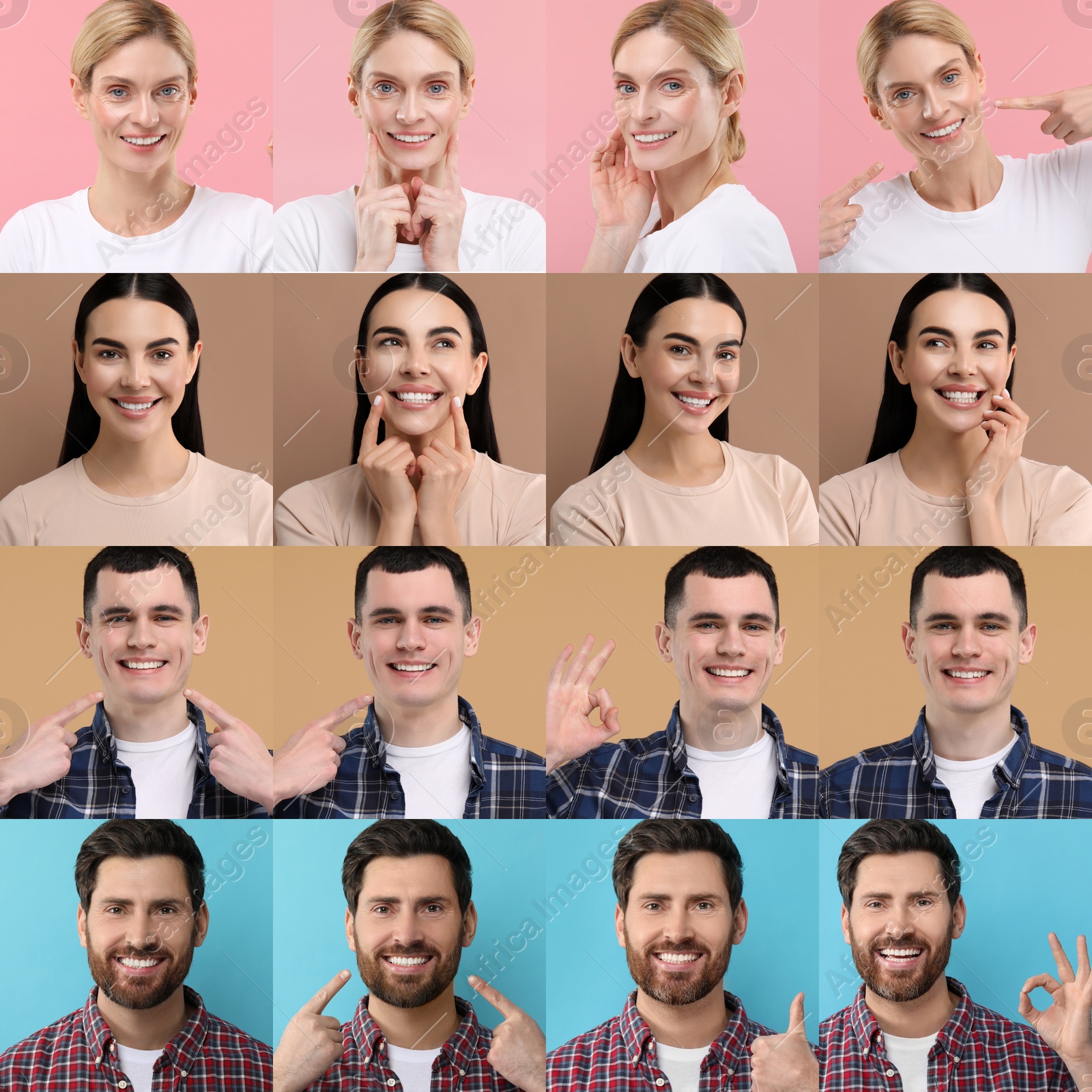 Image of People with showing white teeth on different color backgrounds, collage of photos