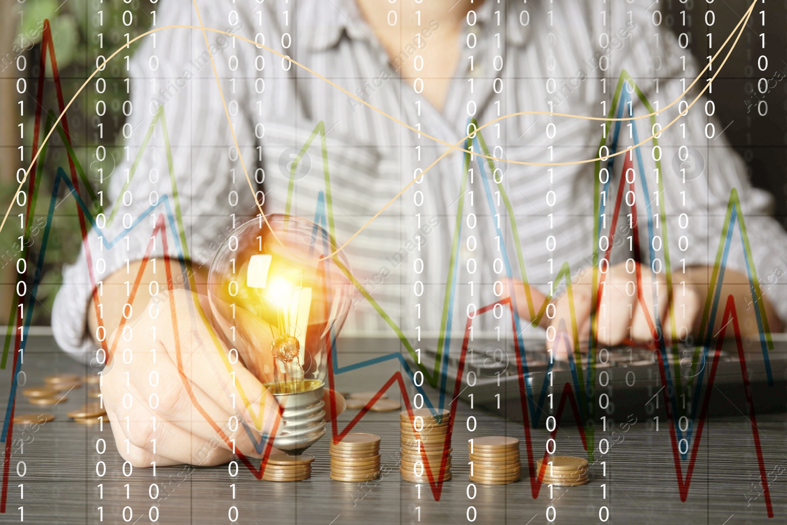 Image of Woman with light bulb, calculator and coins at black wooden table, closeup. Energy saving