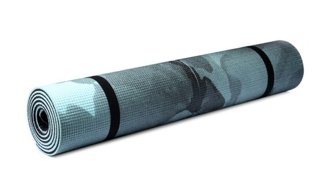 Rolled mat isolated on white. Camping tourism equipment