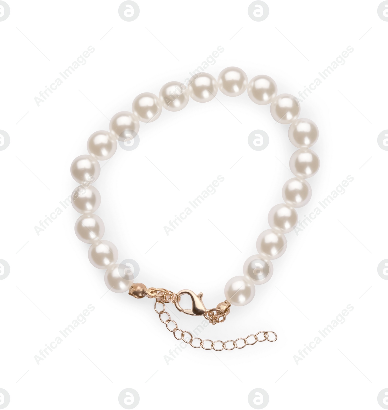 Photo of Elegant pearl bracelet isolated on white, top view