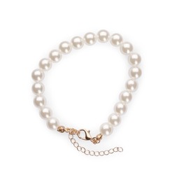 Elegant pearl bracelet isolated on white, top view