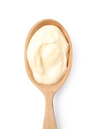 Photo of Mayonnaise in wooden spoon isolated on white, top view