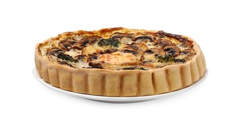 Photo of Delicious quiche with mushrooms isolated on white