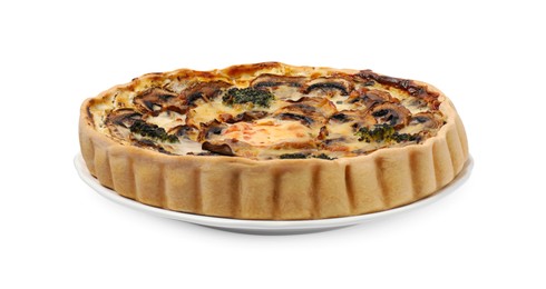 Delicious quiche with mushrooms isolated on white