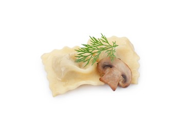 Delicious ravioli with mushroom and dill isolated on white