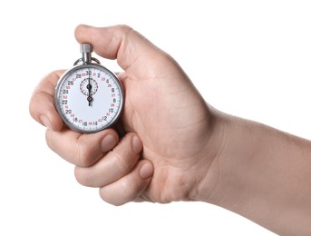 Man holding vintage timer on white background, closeup