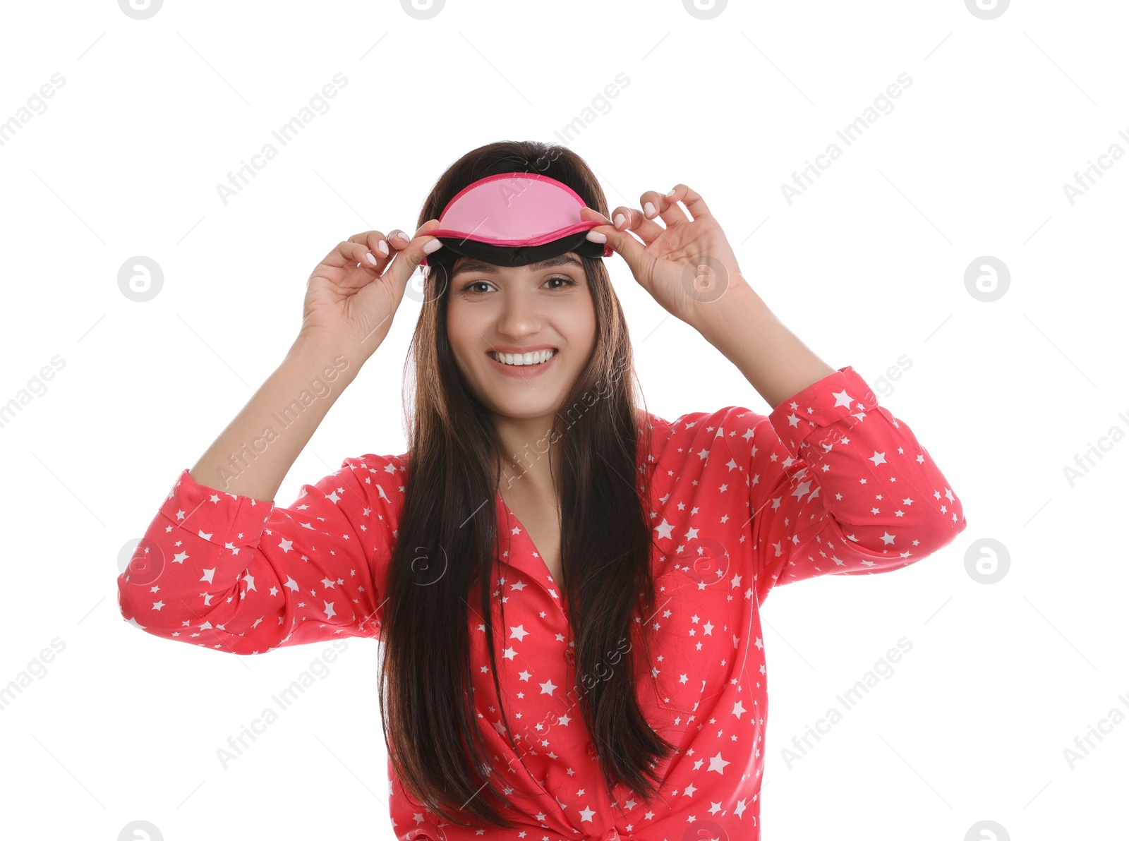 Photo of Beautiful woman wearing sleeping mask on white background. Bedtime