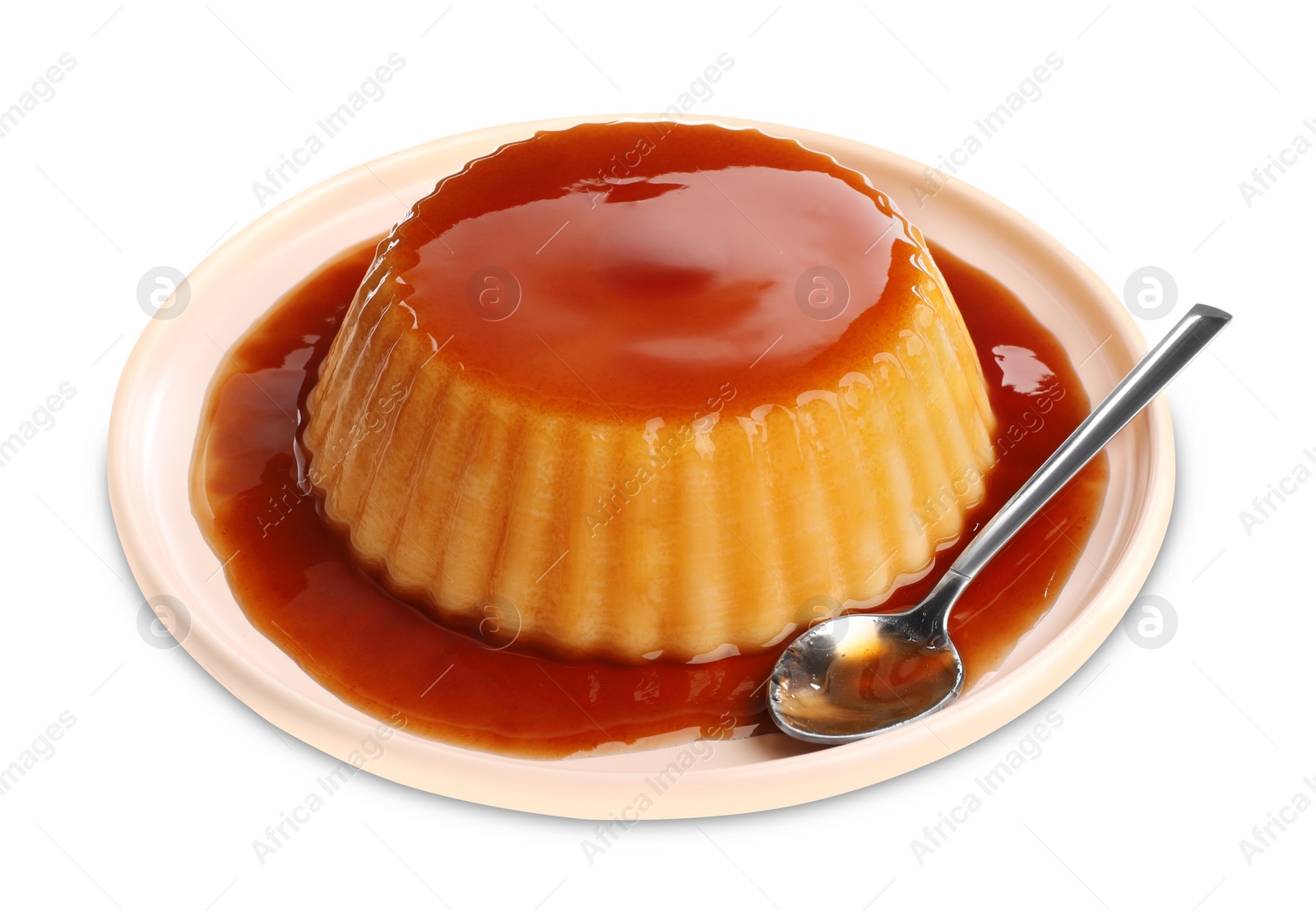Photo of Delicious pudding with caramel isolated on white