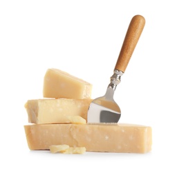 Photo of Pieces of Parmesan cheese and knife on white background