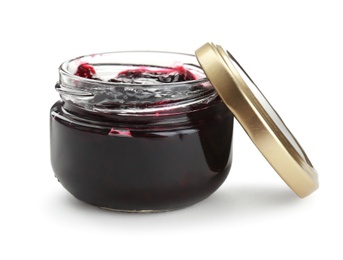 Photo of Jar with tasty sweet jam on white background